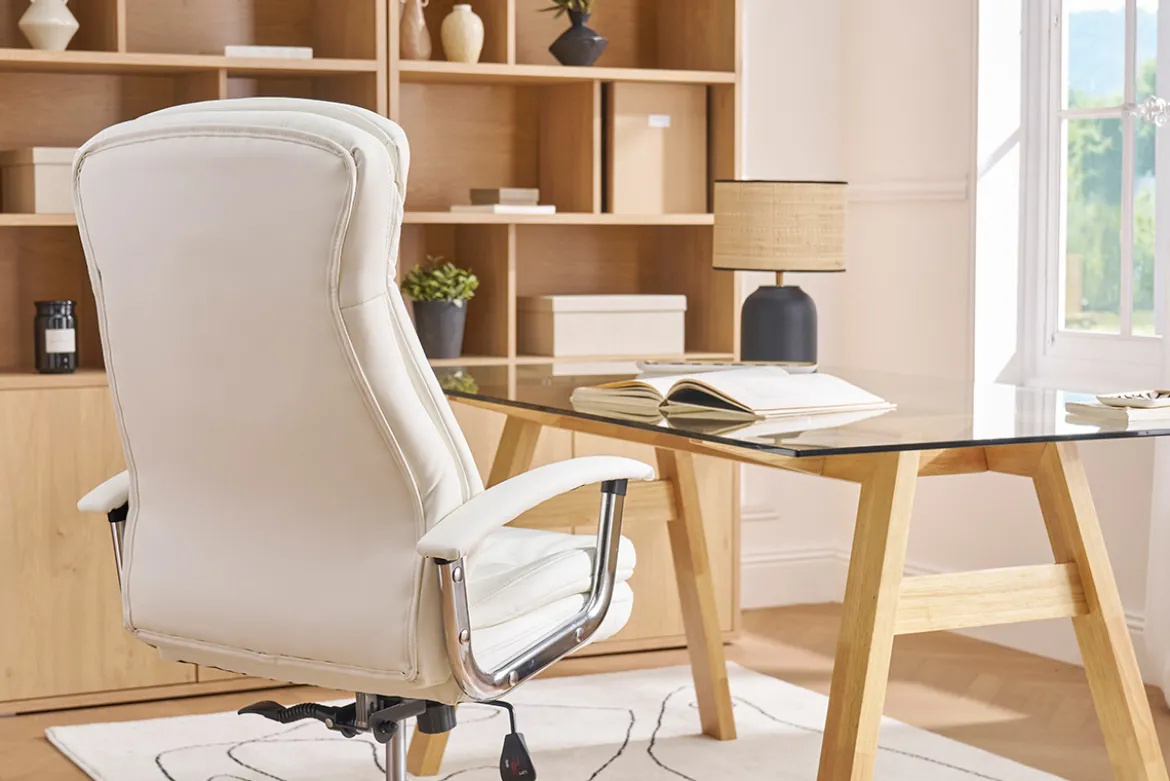Fauteuil de bureau à roulettes design blanc et acier chromé WALL STREET