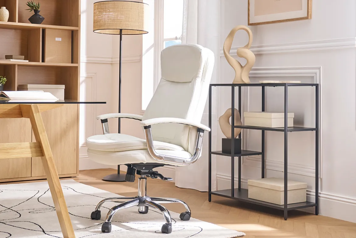 Fauteuil de bureau à roulettes design blanc et acier chromé WALL STREET
