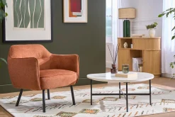 Fauteuil design en tissu effet velours texturé terre brûlée et métal noir LAURENS