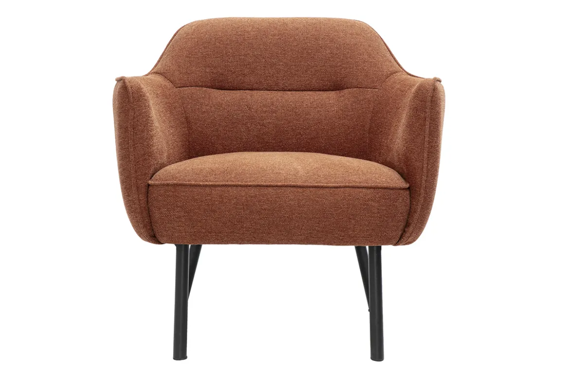 Fauteuil design en tissu effet velours texturé terre brûlée et métal noir LAURENS