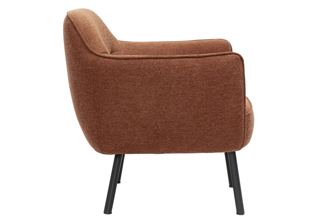 Fauteuil design en tissu effet velours texturé terre brûlée et métal noir LAURENS
