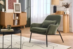 Fauteuil design en tissu effet velours vert kaki et métal noir MAXINE