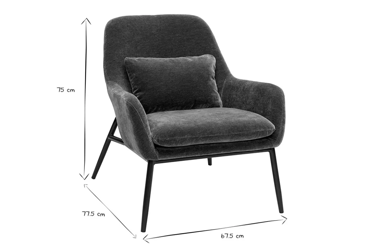 Fauteuil design en tissu effet velours vert kaki et métal noir MAXINE