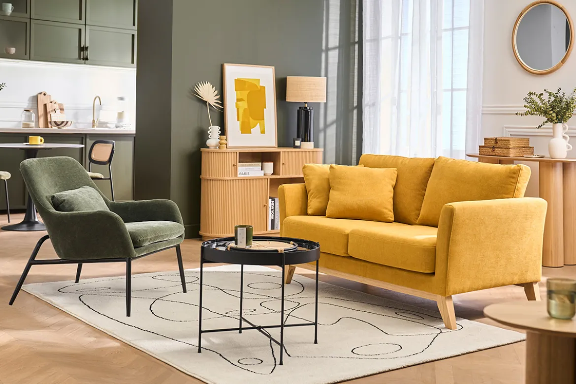 Fauteuil design en tissu effet velours vert kaki et métal noir MAXINE