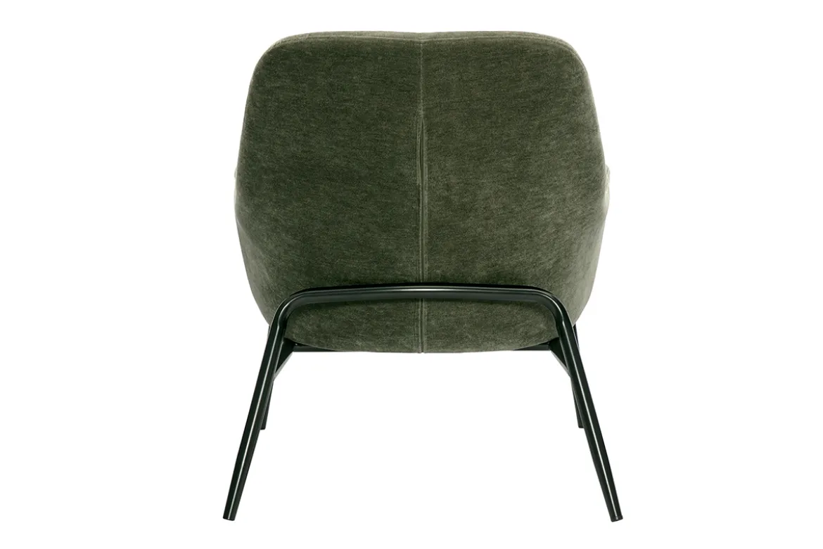 Fauteuil design en tissu effet velours vert kaki et métal noir MAXINE