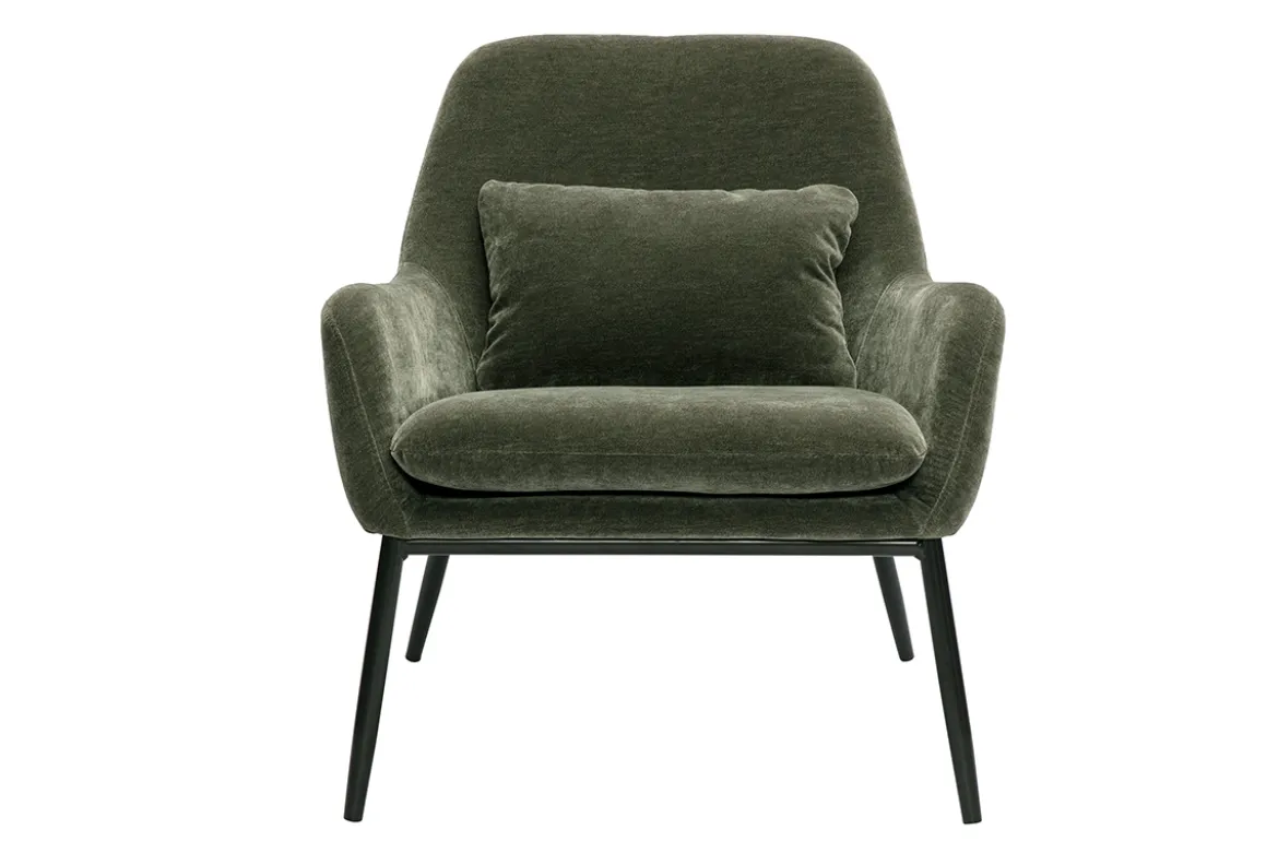 Fauteuil design en tissu effet velours vert kaki et métal noir MAXINE