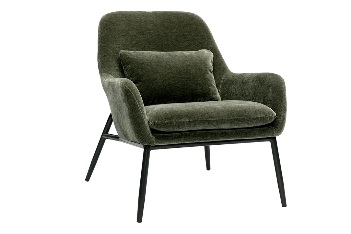 Fauteuil design en tissu effet velours vert kaki et métal noir MAXINE