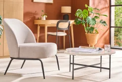 Fauteuil design en tissu effet velours texturé beige et métal noir BREGO
