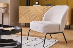 Fauteuil design en tissu effet velours texturé beige et métal noir BREGO