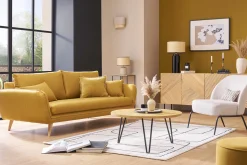 Fauteuil design en tissu effet velours texturé beige et métal noir BREGO