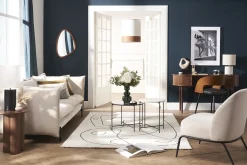 Fauteuil design en tissu effet velours texturé beige et métal noir BREGO