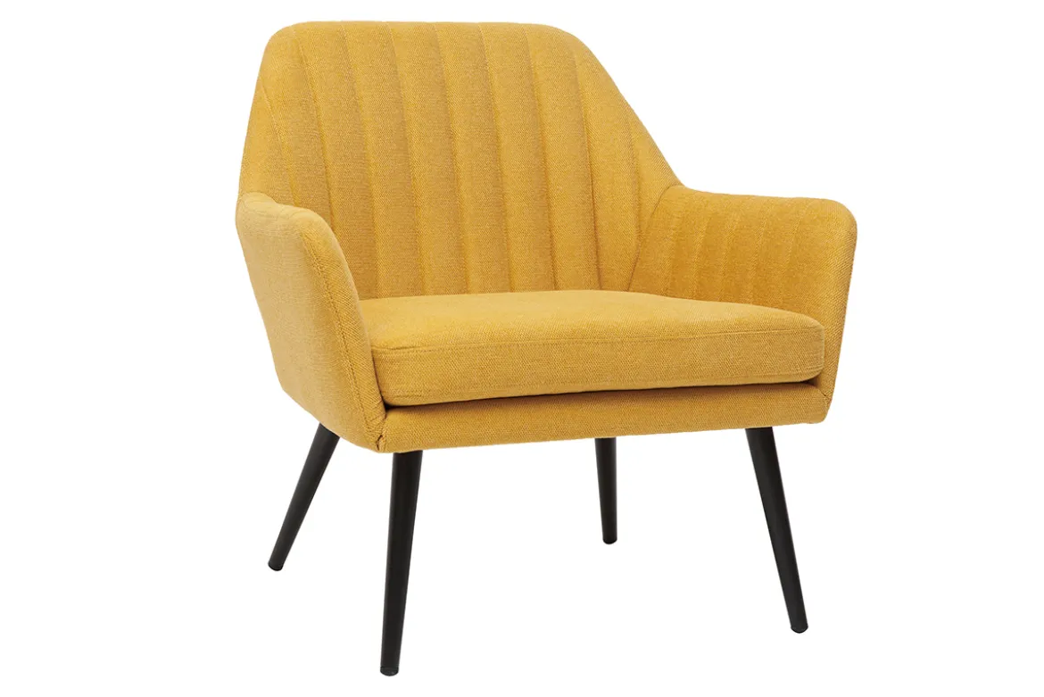 Fauteuil design en tissu effet velours texturé jaune moutarde et métal noir GASTON