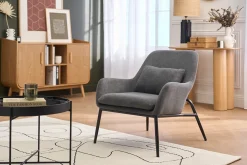 Fauteuil design en tissu effet velours gris foncé et métal noir MAXINE