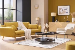 Fauteuil design en tissu effet velours beige et métal noir MAXINE