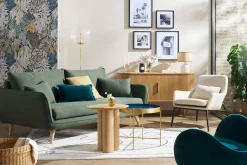 Fauteuil design en tissu effet velours beige et métal noir MAXINE