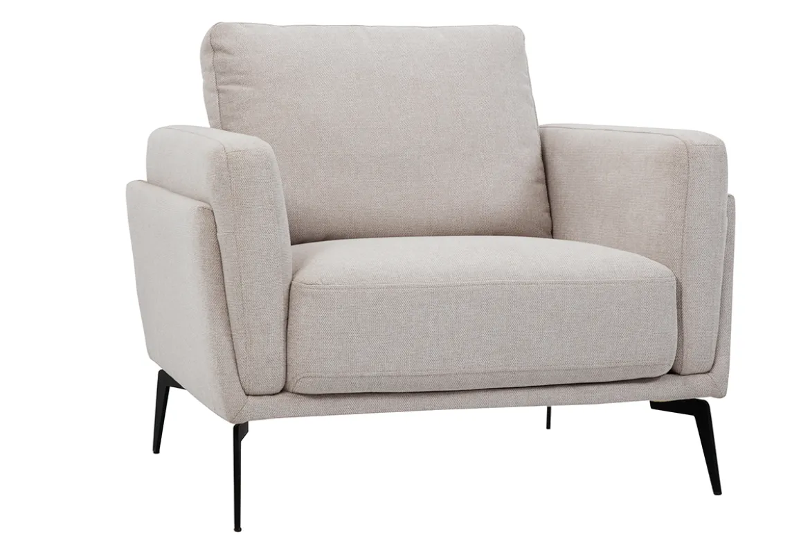 Fauteuil design en tissu effet velours texturé beige et métal noir MOSCO