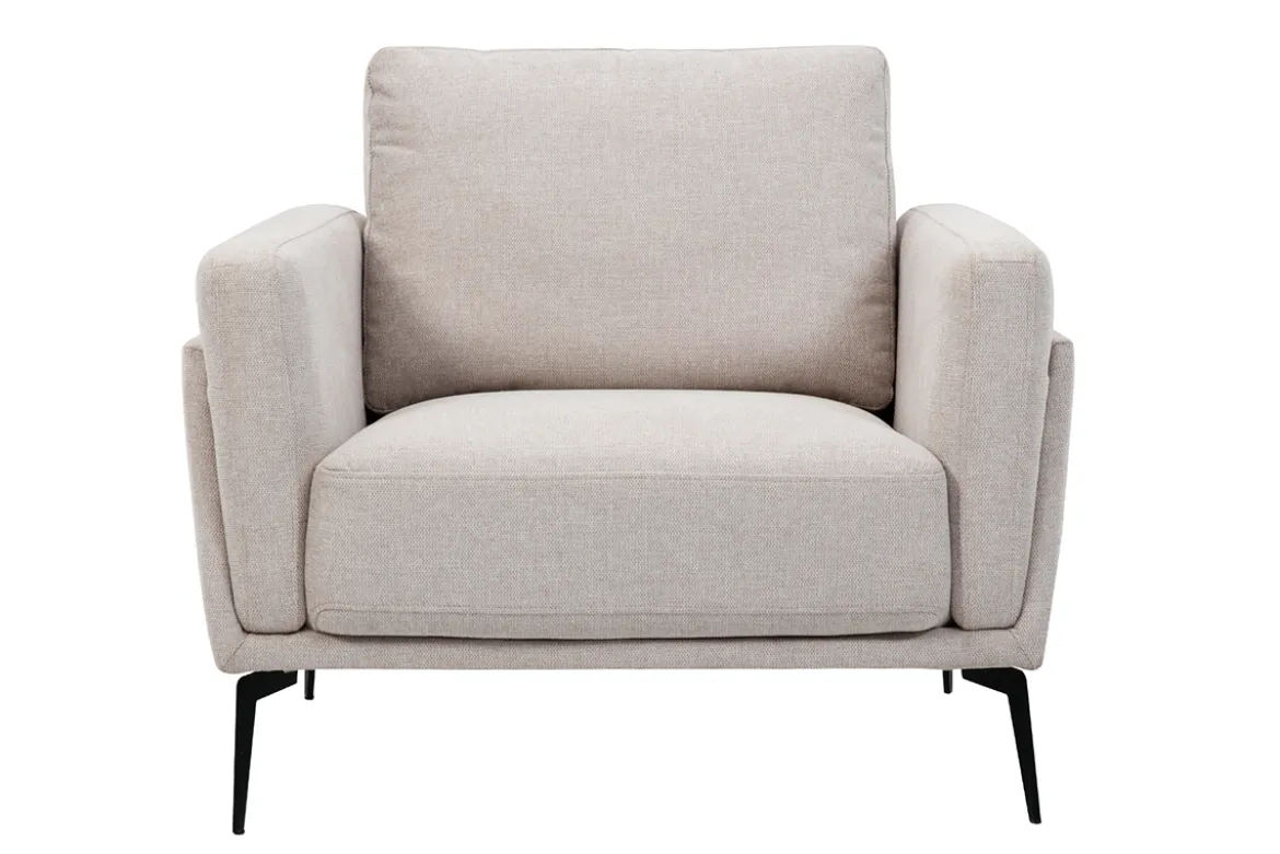 Fauteuil design en tissu effet velours texturé beige et métal noir MOSCO
