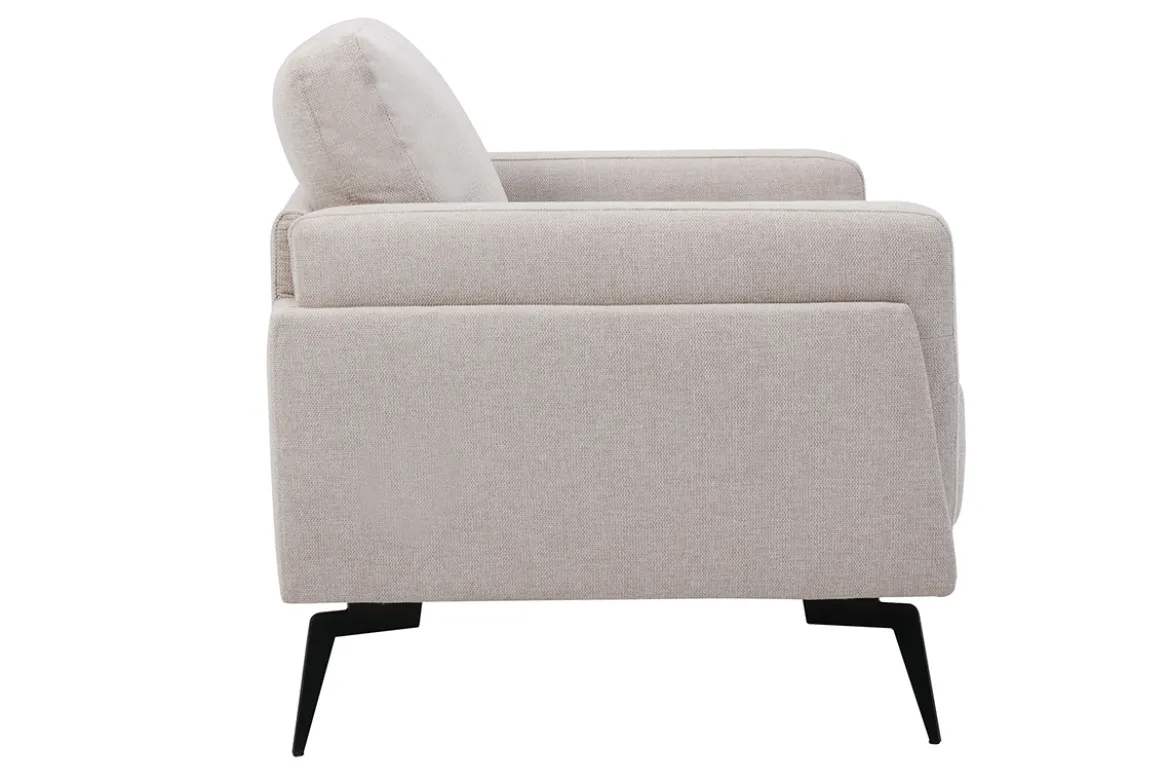 Fauteuil design en tissu effet velours texturé beige et métal noir MOSCO