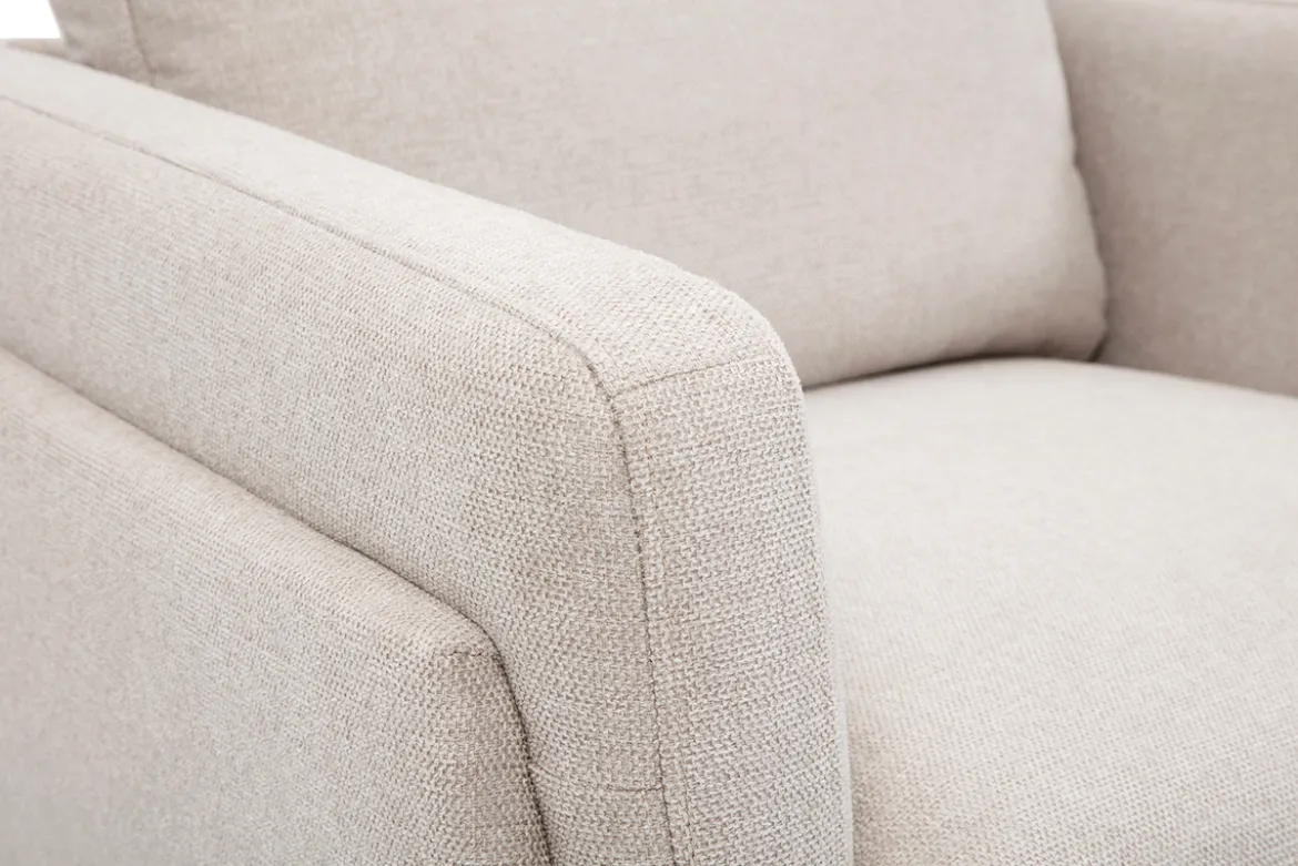 Fauteuil design en tissu effet velours texturé beige et métal noir MOSCO