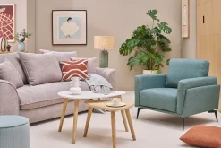 Fauteuil design en tissu vert de gris et métal noir MOSCO