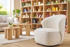 Fauteuil design pivotant en tissu effet laine bouclée blanc AMBER