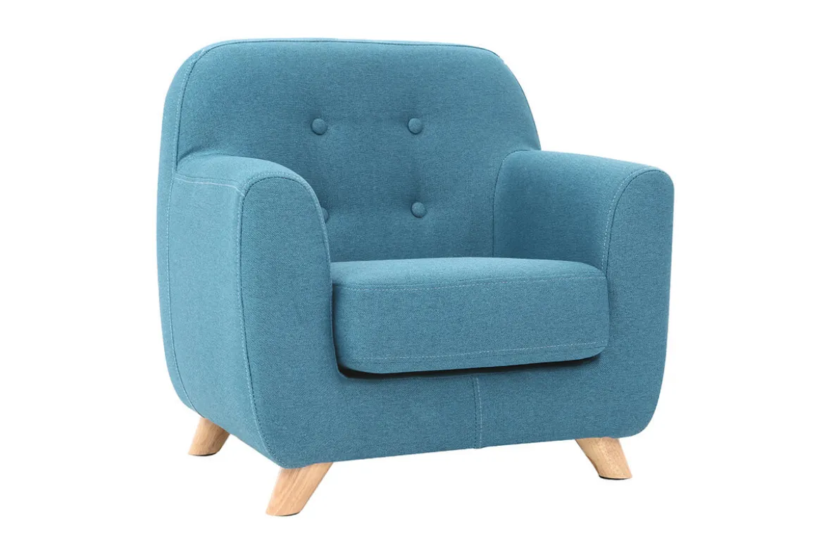 Fauteuil enfant scandinave en tissu bleu canard et bois clair NORKID