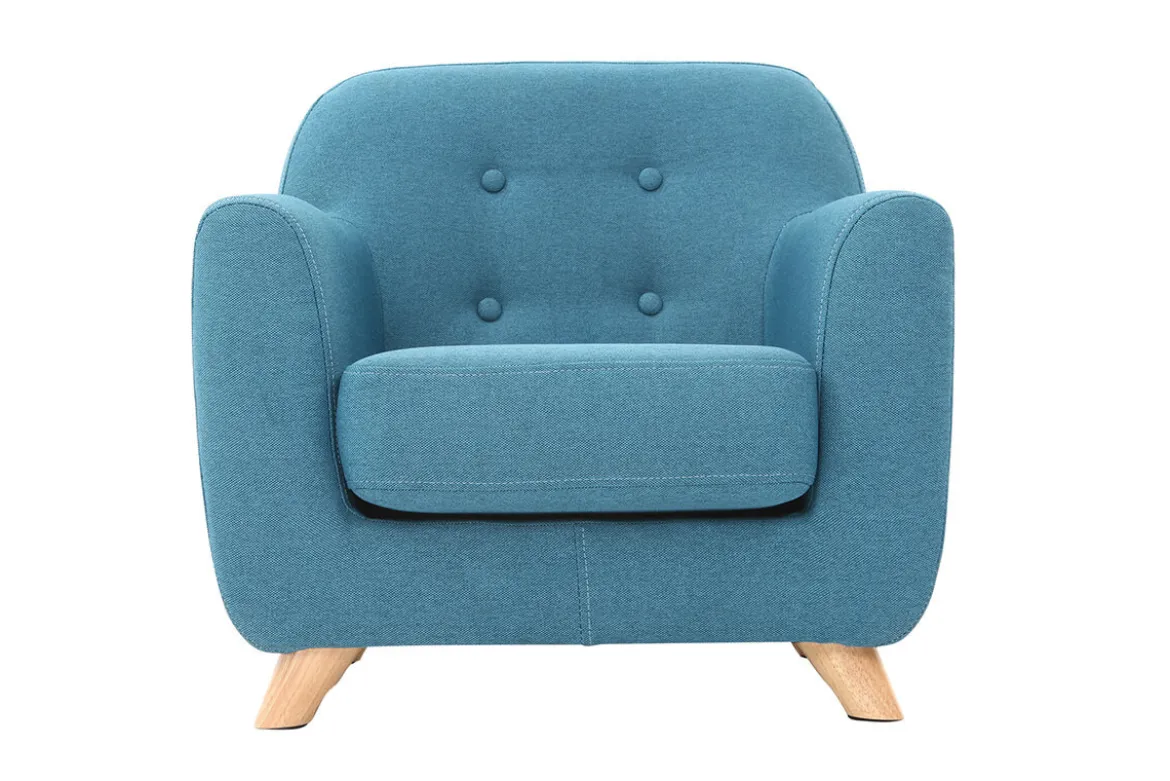 Fauteuil enfant scandinave en tissu bleu canard et bois clair NORKID