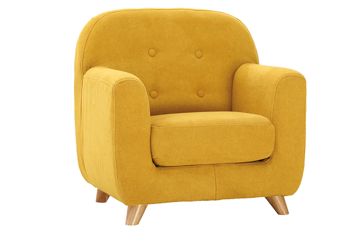 Fauteuil enfant scandinave en tissu effet velours jaune moutarde et bois clair NORKID