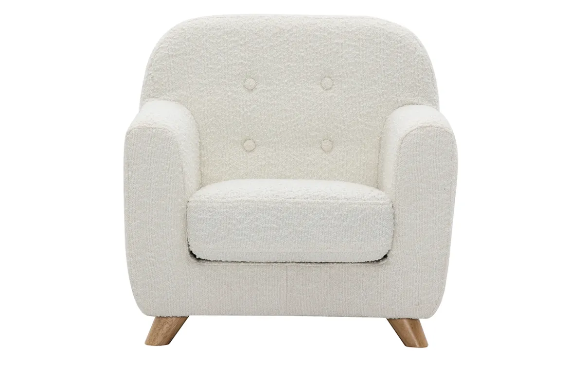 Fauteuil enfant scandinave en tissu effet laine bouclée blanc et bois clair NORKID