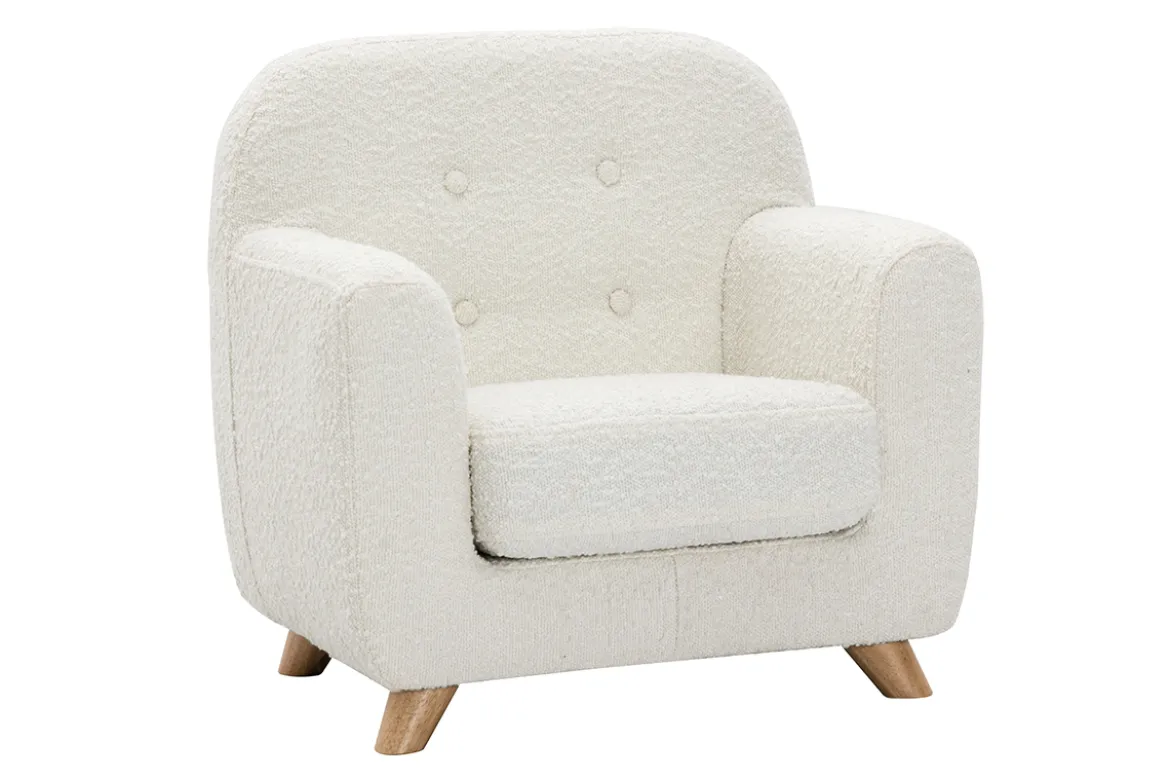 Fauteuil enfant scandinave en tissu effet laine bouclée blanc et bois clair NORKID