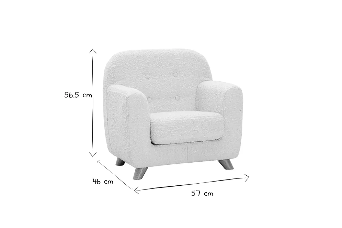 Fauteuil enfant scandinave en tissu effet laine bouclée blanc et bois clair NORKID
