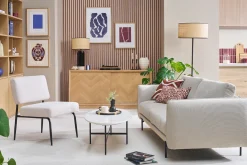 Fauteuil en tissu chenille beige et métal noir VEDANA