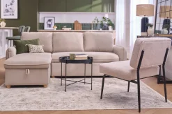 Fauteuil en tissu chenille beige et métal noir VEDANA