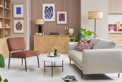 Fauteuil en tissu chenille terre brûlée et métal noir VEDANA