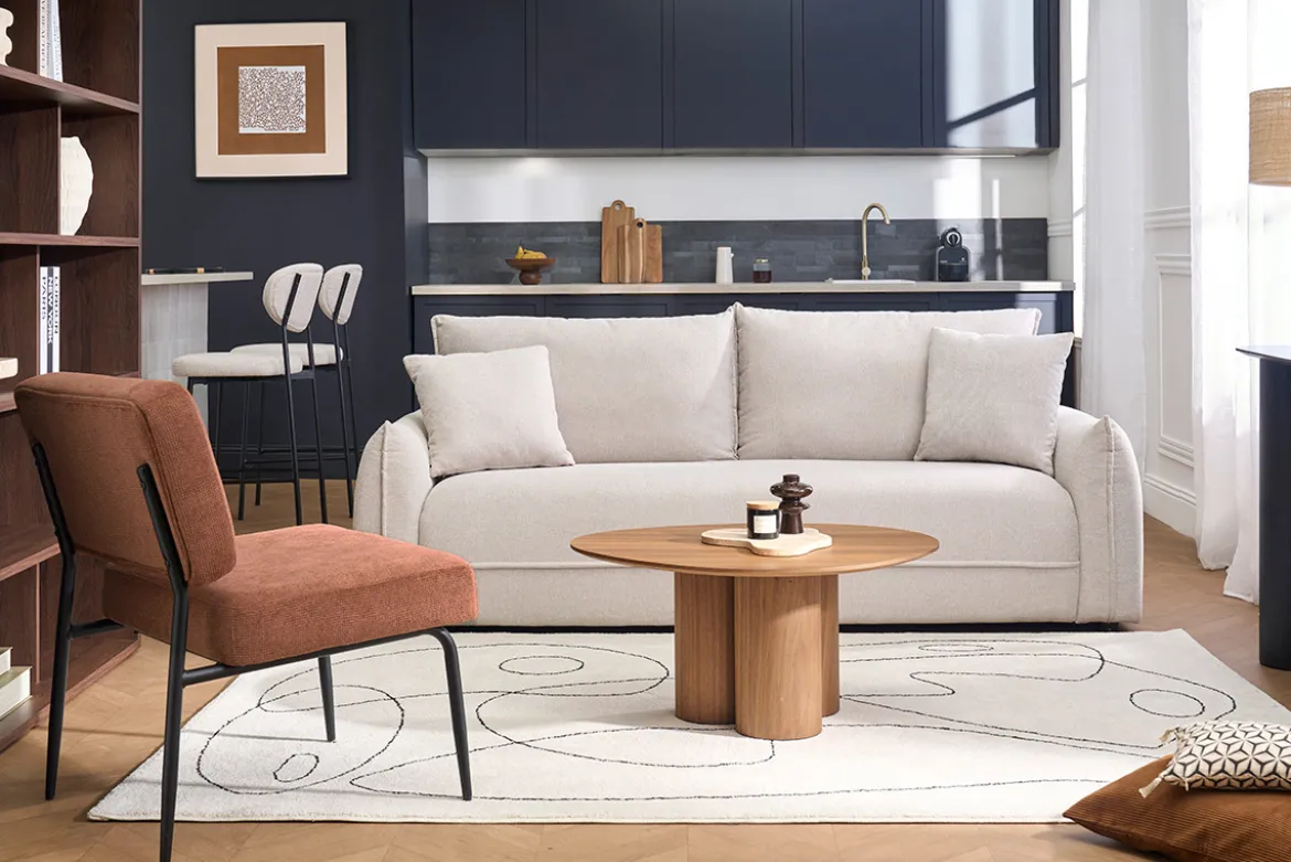 Fauteuil en tissu chenille terre brûlée et métal noir VEDANA