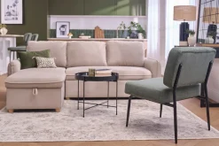 Fauteuil en tissu chenille vert kaki et métal noir VEDANA