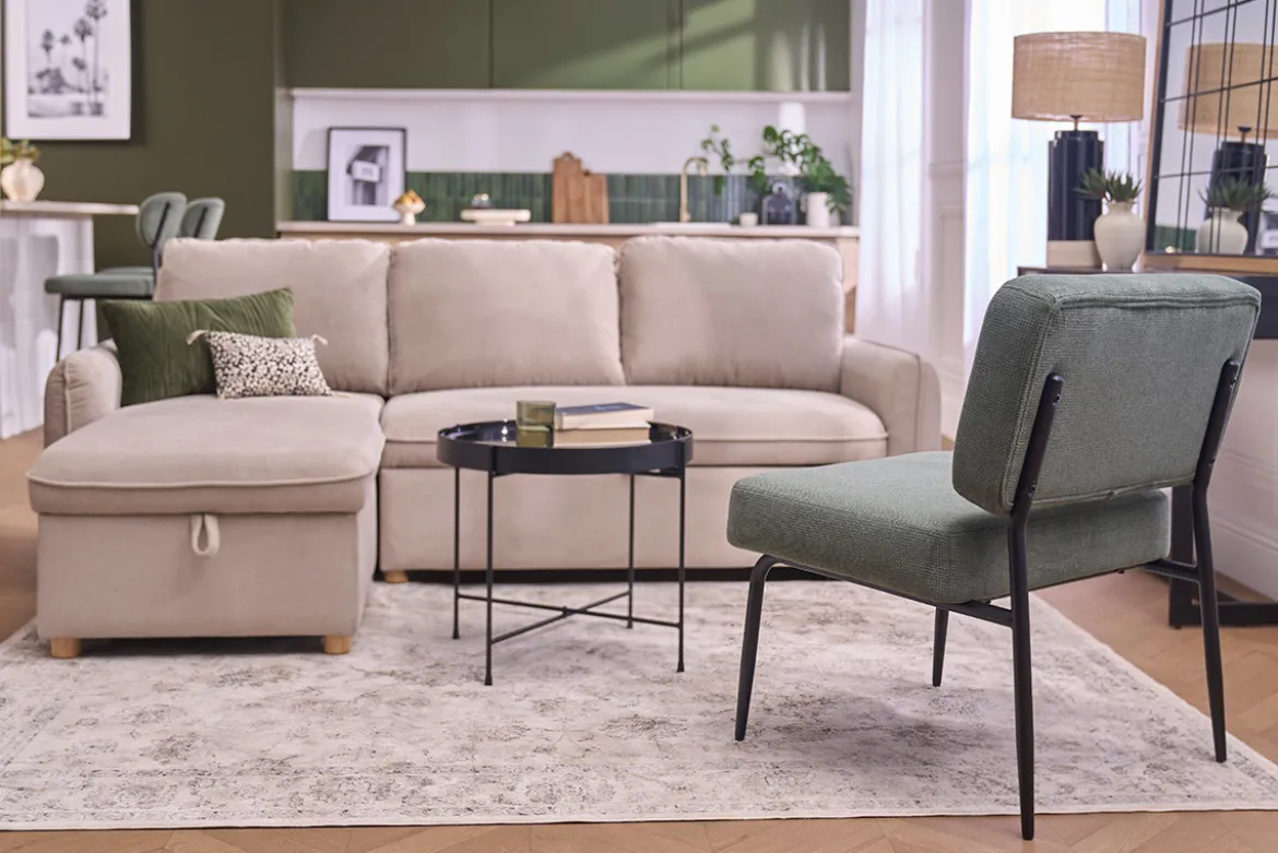 Fauteuil en tissu chenille vert kaki et métal noir VEDANA