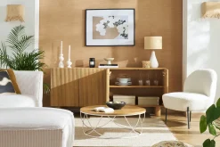 Fauteuil en tissu effet laine bouclée blanc et métal noir BELEY