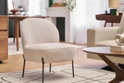 Fauteuil en tissu effet velours texturé beige et métal noir BELEY