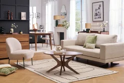 Fauteuil en tissu effet velours texturé beige et métal noir BELEY