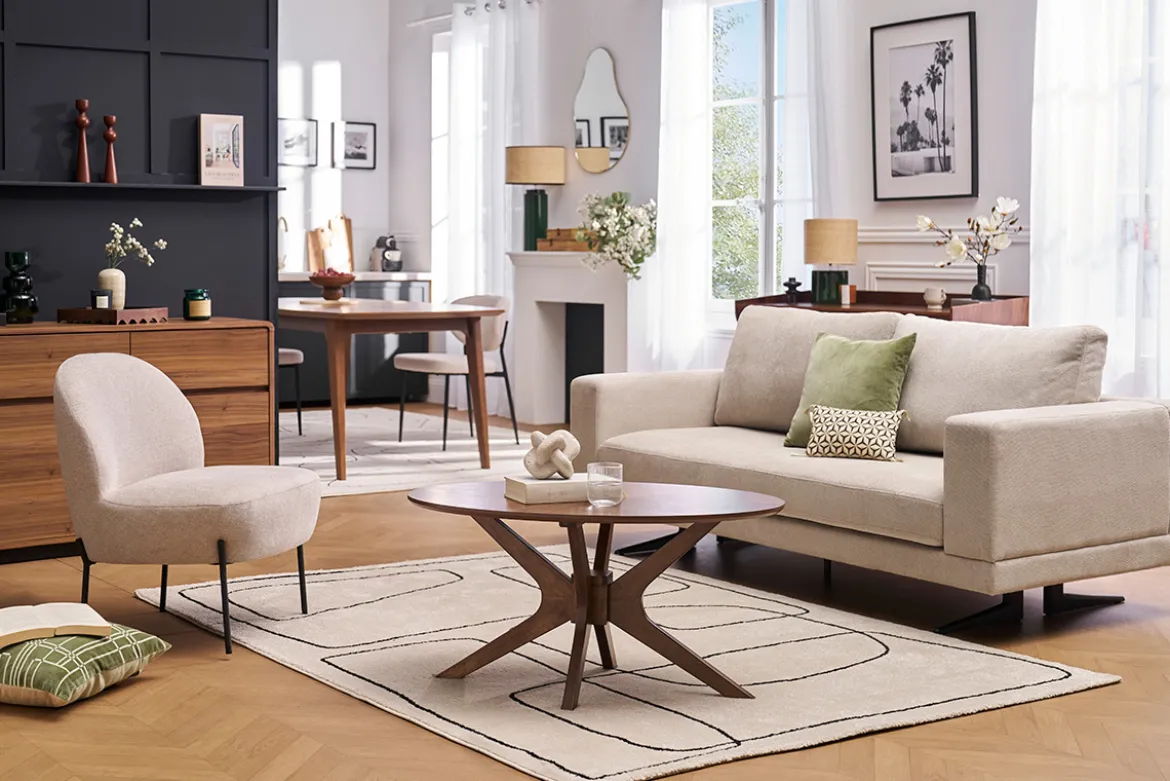 Fauteuil en tissu effet velours texturé beige et métal noir BELEY
