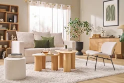 Fauteuil en tissu effet velours texturé beige et métal noir SHELBY