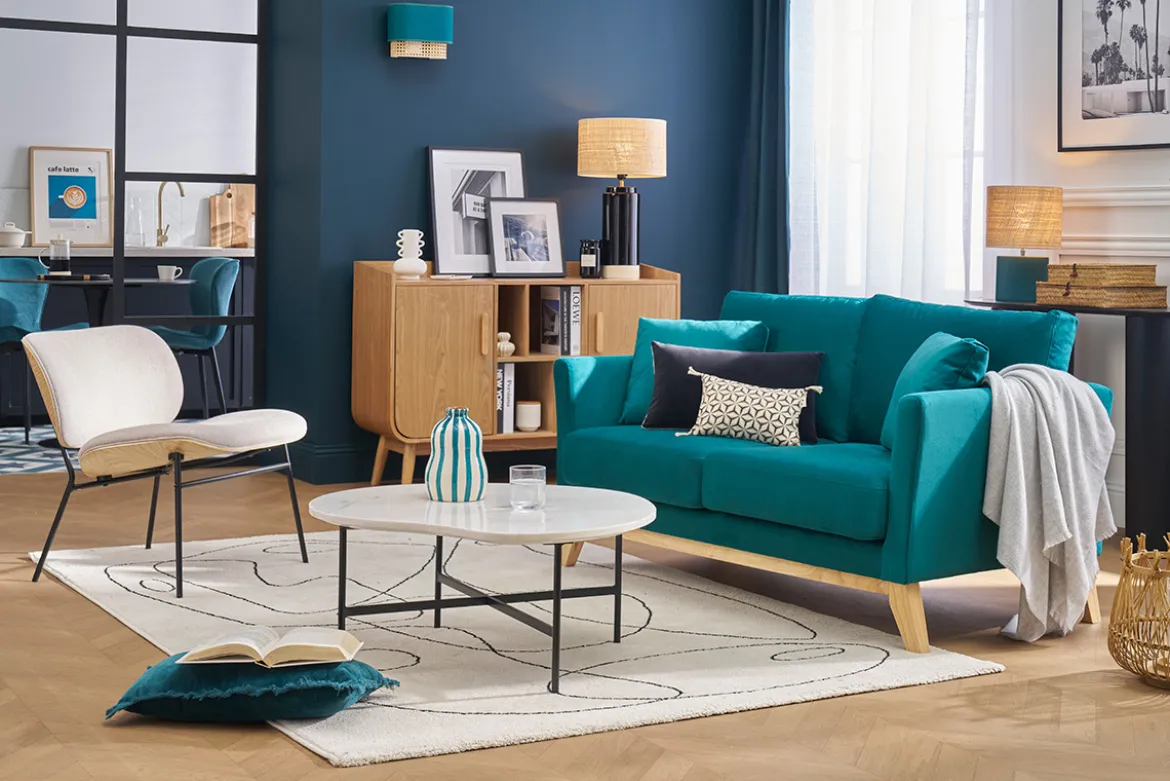 Fauteuil en tissu effet velours texturé beige et métal noir SHELBY