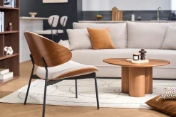 Fauteuil en tissu effet velours texturé beige, bois foncé et métal noir FABULO