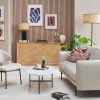 Fauteuil en tissu effet velours texturé beige, bois clair et métal noir FABULO
