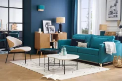 Fauteuil en tissu effet velours texturé beige, bois clair et métal noir FABULO