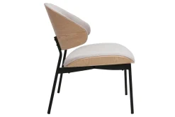 Fauteuil en tissu effet velours texturé beige, bois clair et métal noir FABULO