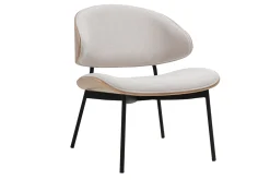 Fauteuil en tissu effet velours texturé beige, bois clair et métal noir FABULO