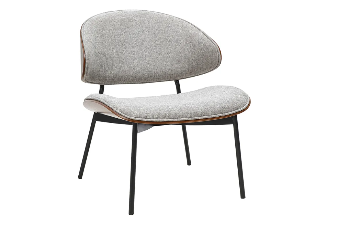 Fauteuil en tissu effet velours texturé gris, bois foncé et métal noir FABULO
