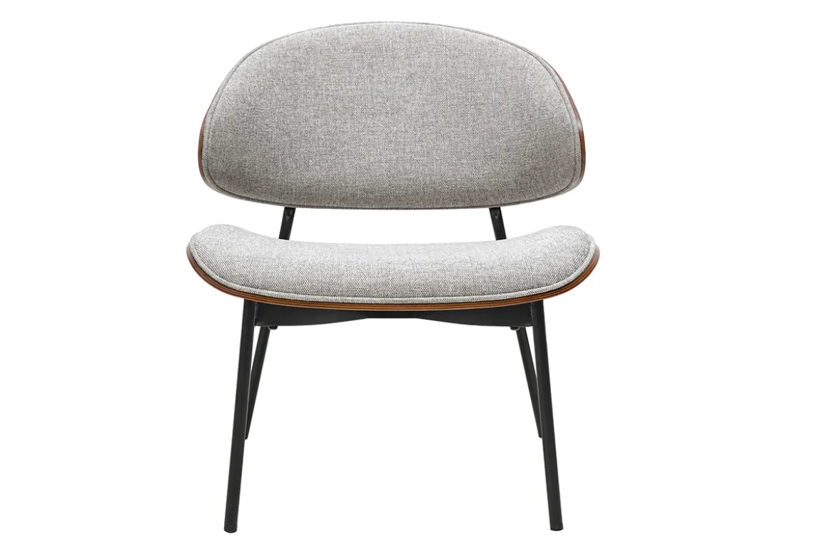 Fauteuil en tissu effet velours texturé gris, bois foncé et métal noir FABULO